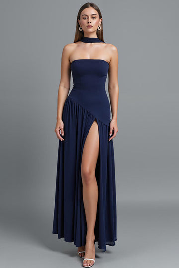 Dark Blue Strapless Sheath Long Formal Dress with Slit